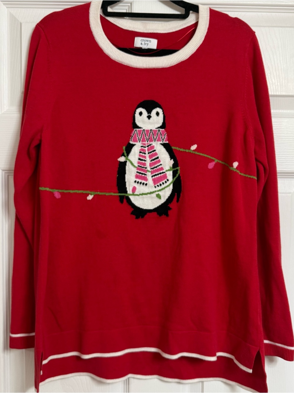crown & ivy Red Penguin Sweater with Pink Scarf